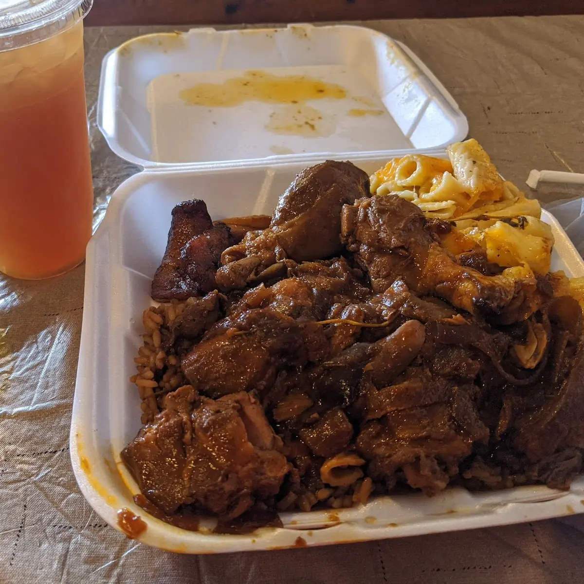 Stew Chicken with Rice & Peas and Mac & Cheese