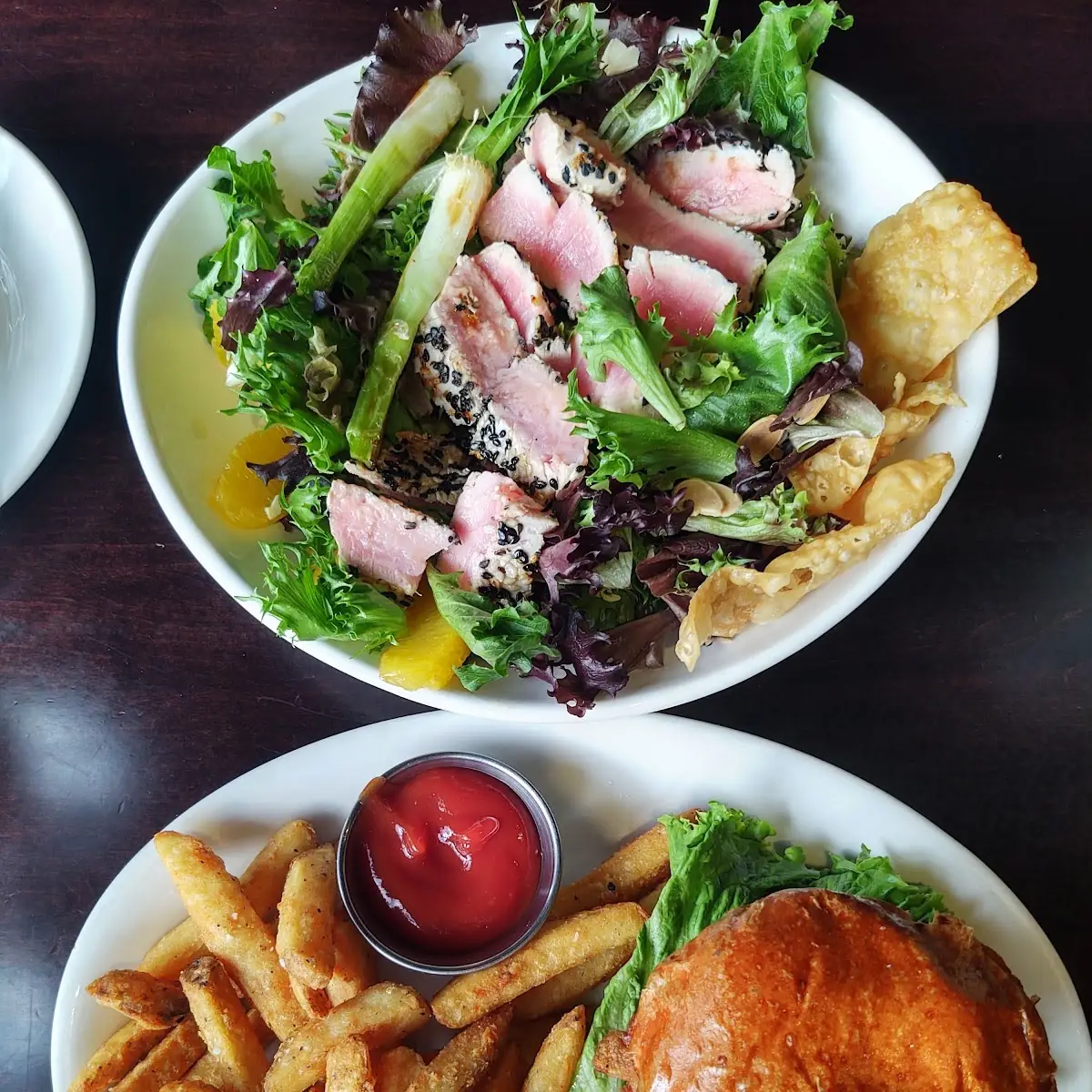 Crispy Chicken Sandwich and Salmon Salad