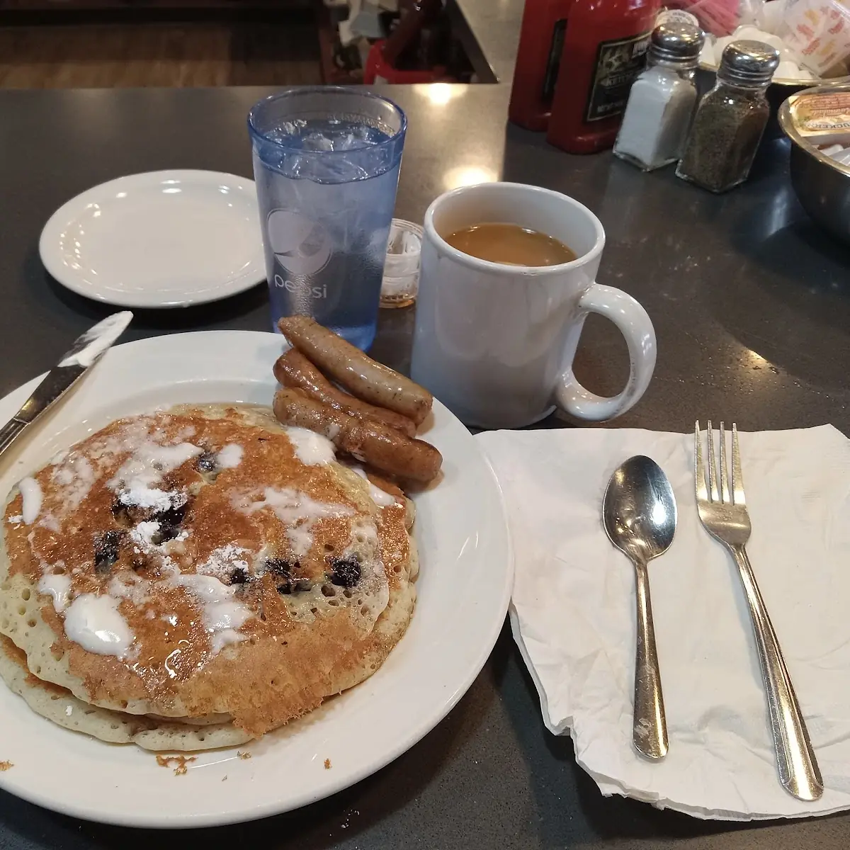 Blueberry Pancakes with a Side Orwe'Re Sausage