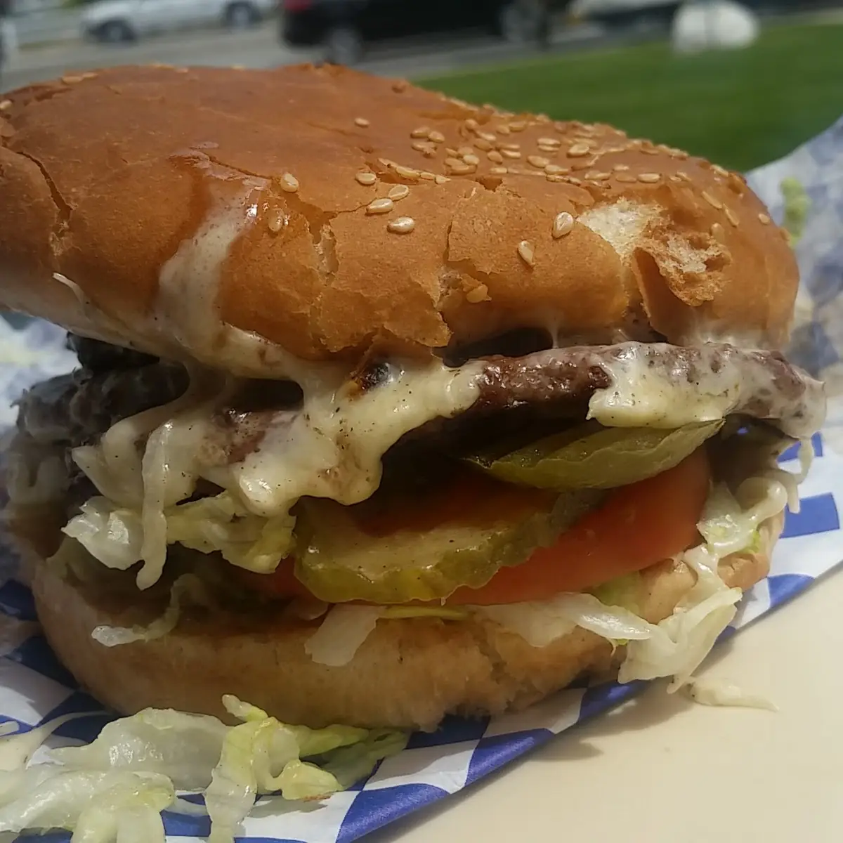 Triple-Decker Kosmos Swiss Cheese Burger w Bacon