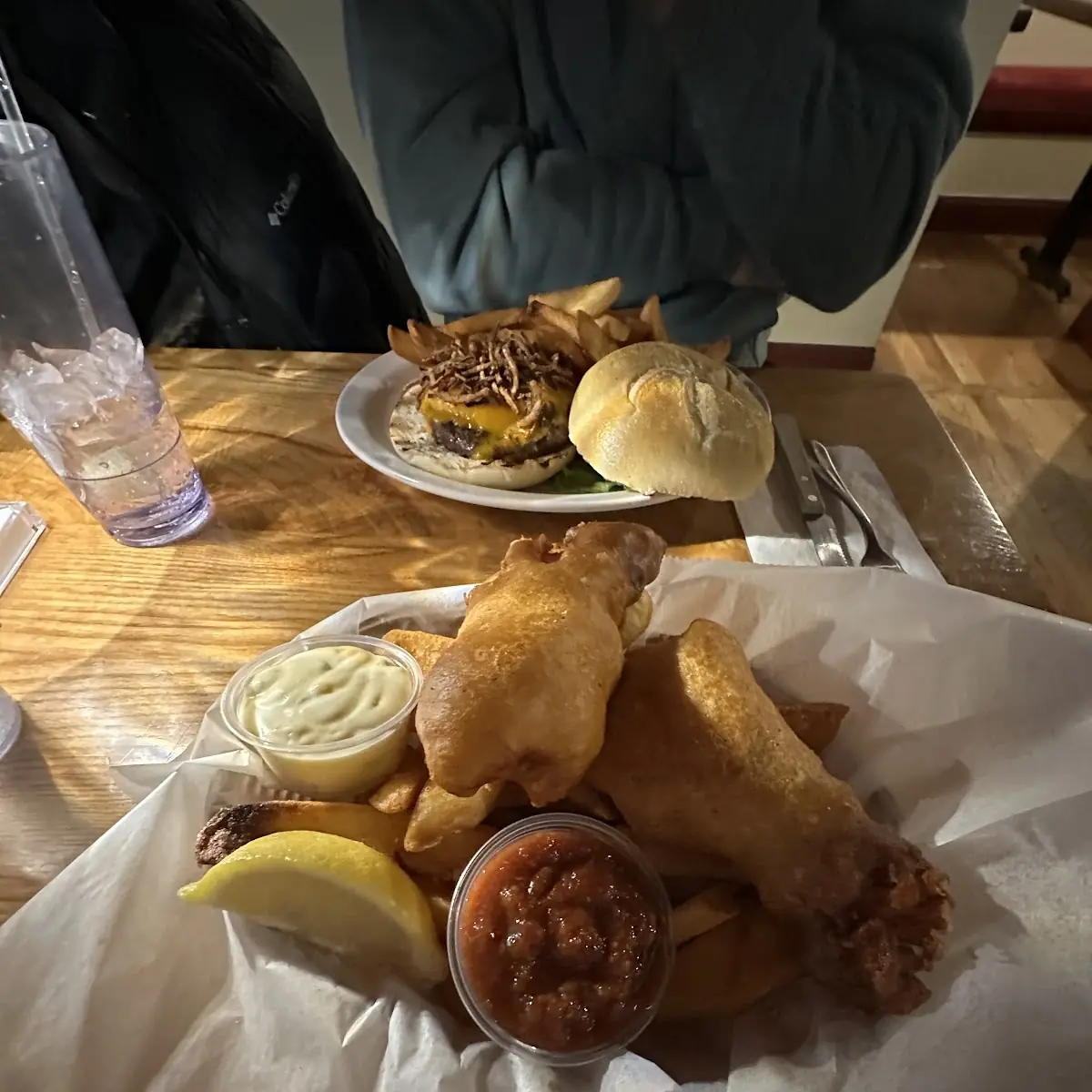 Fish and Chips and a Burger with Crispy Onions