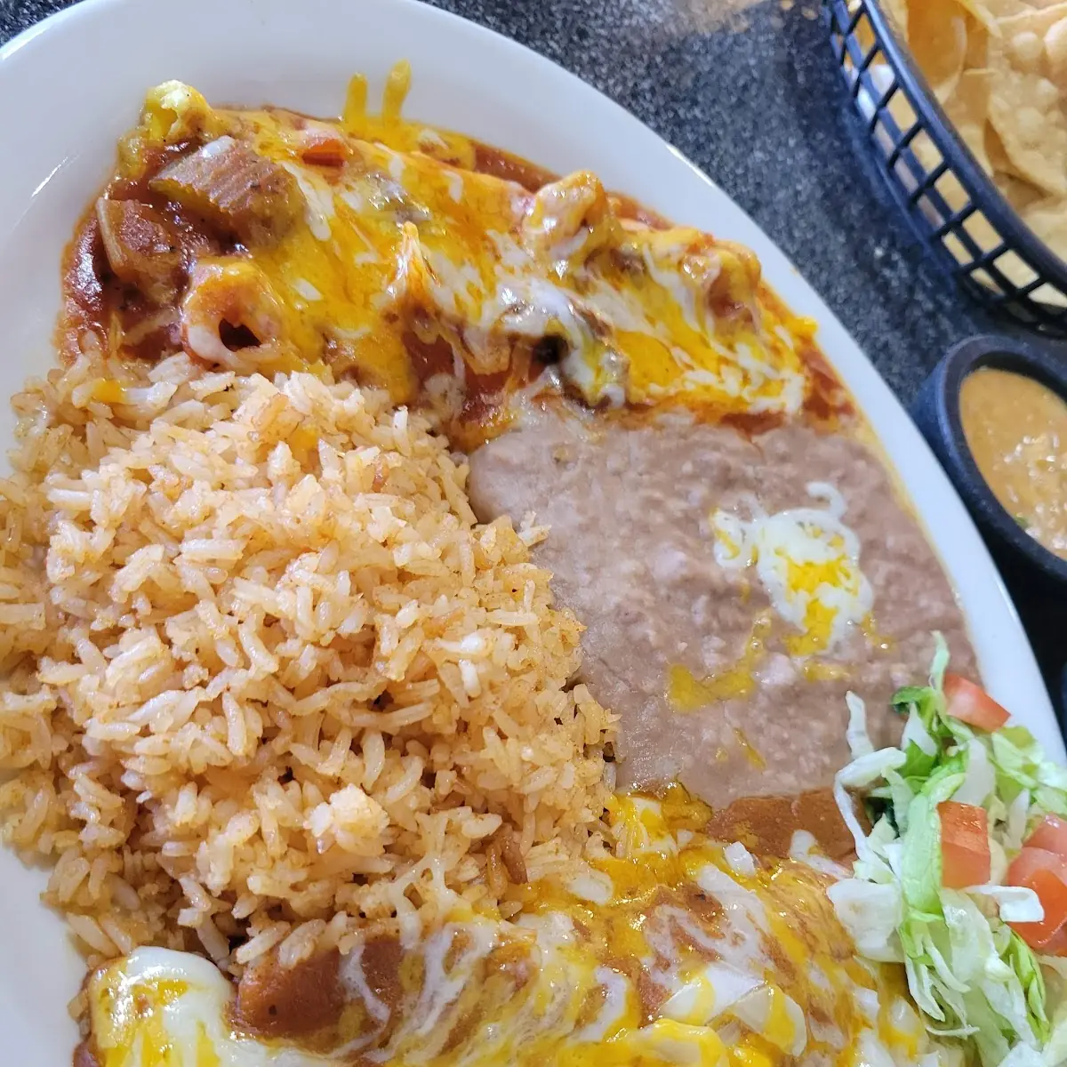 Chili Relleno Enchilada Beans and Rice