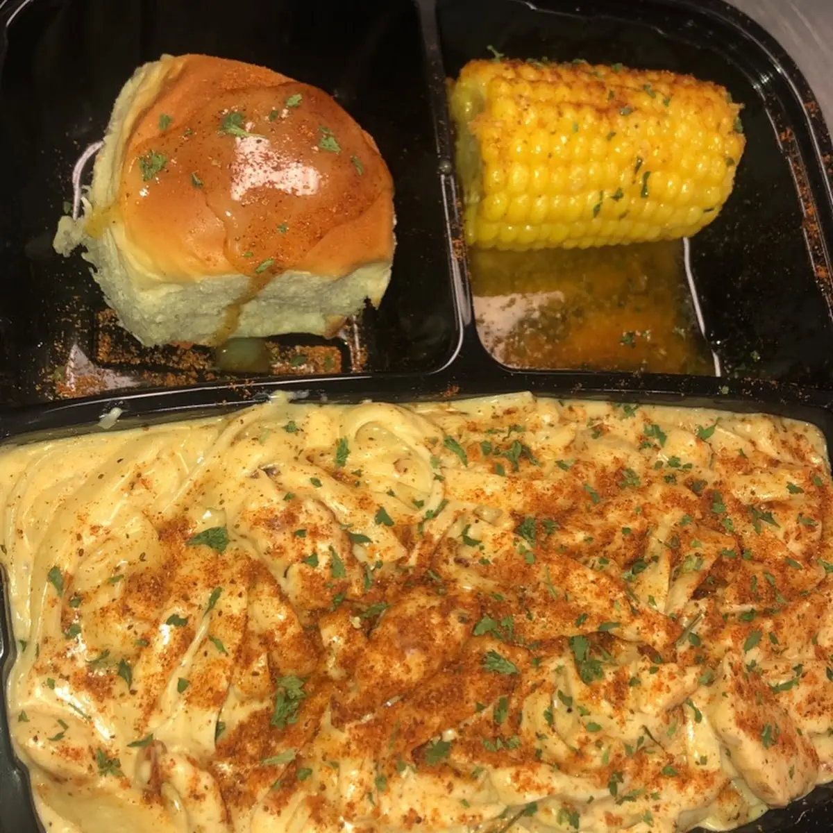 Chicken Alfredo Pasta with Corn on the Cob & Roll