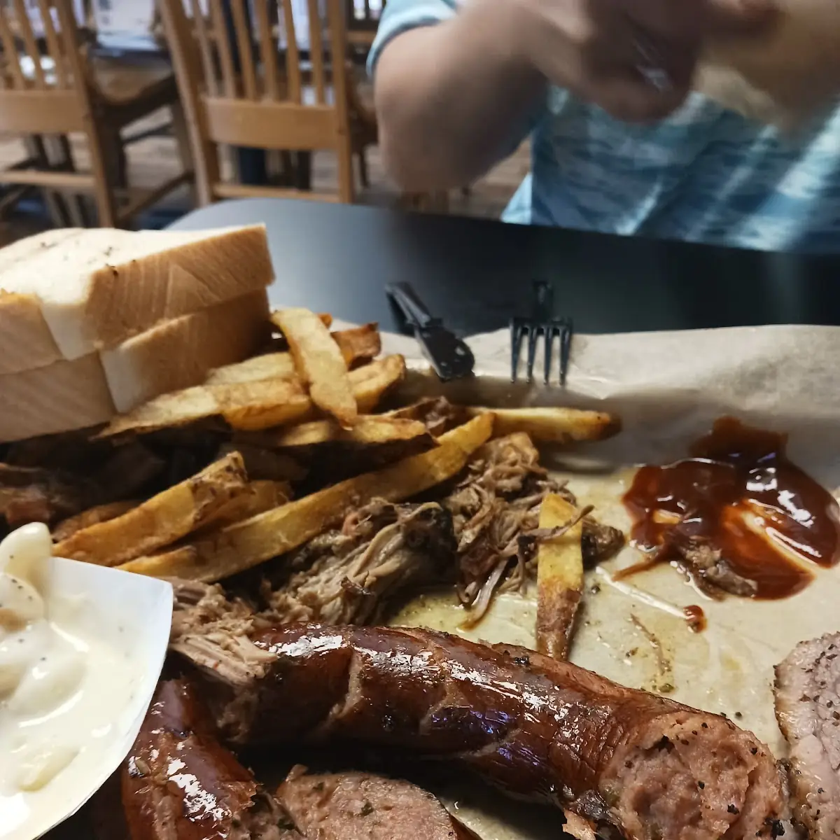 Three Meat Platter with Mac and Cheese and Thick Cut Fries