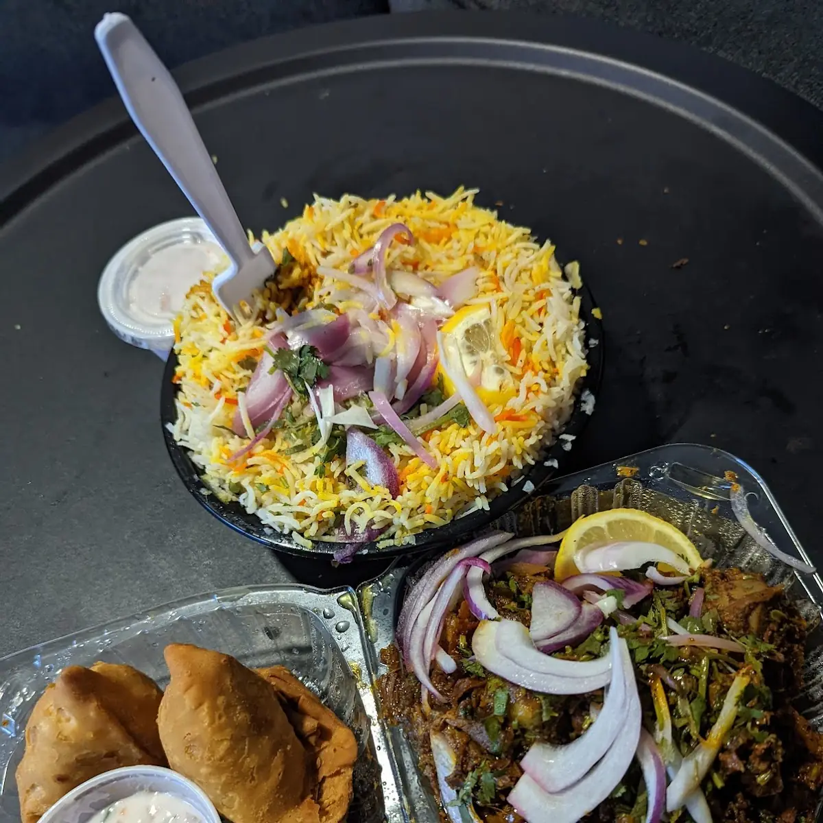 Chicken Biryani Goat Pepper Fry and Samosa