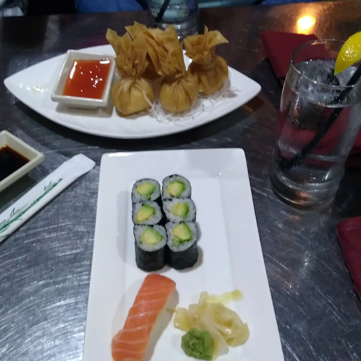 Crab Rangoon & Avocado Cucumber Roll and Salmon Sashimi