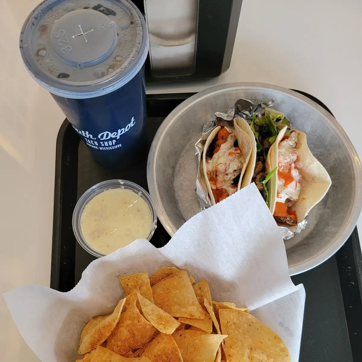 Buffalo Chicken Tacos and Chips and Queso