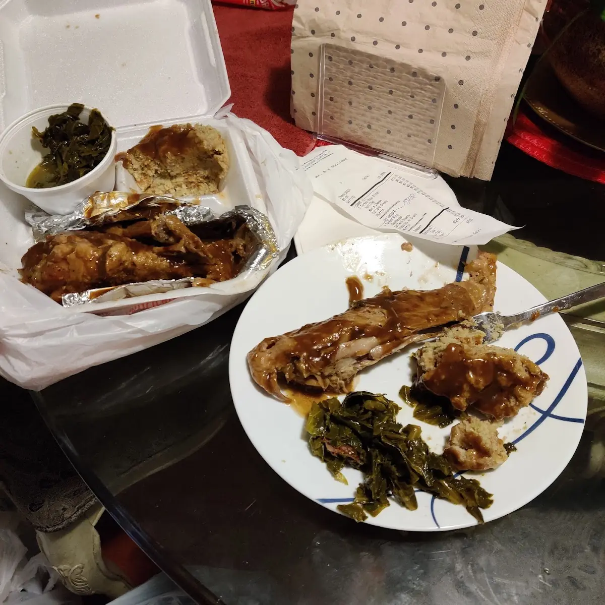 Smothered Turkey Wings with Cornbread Dressing and Collard Greens