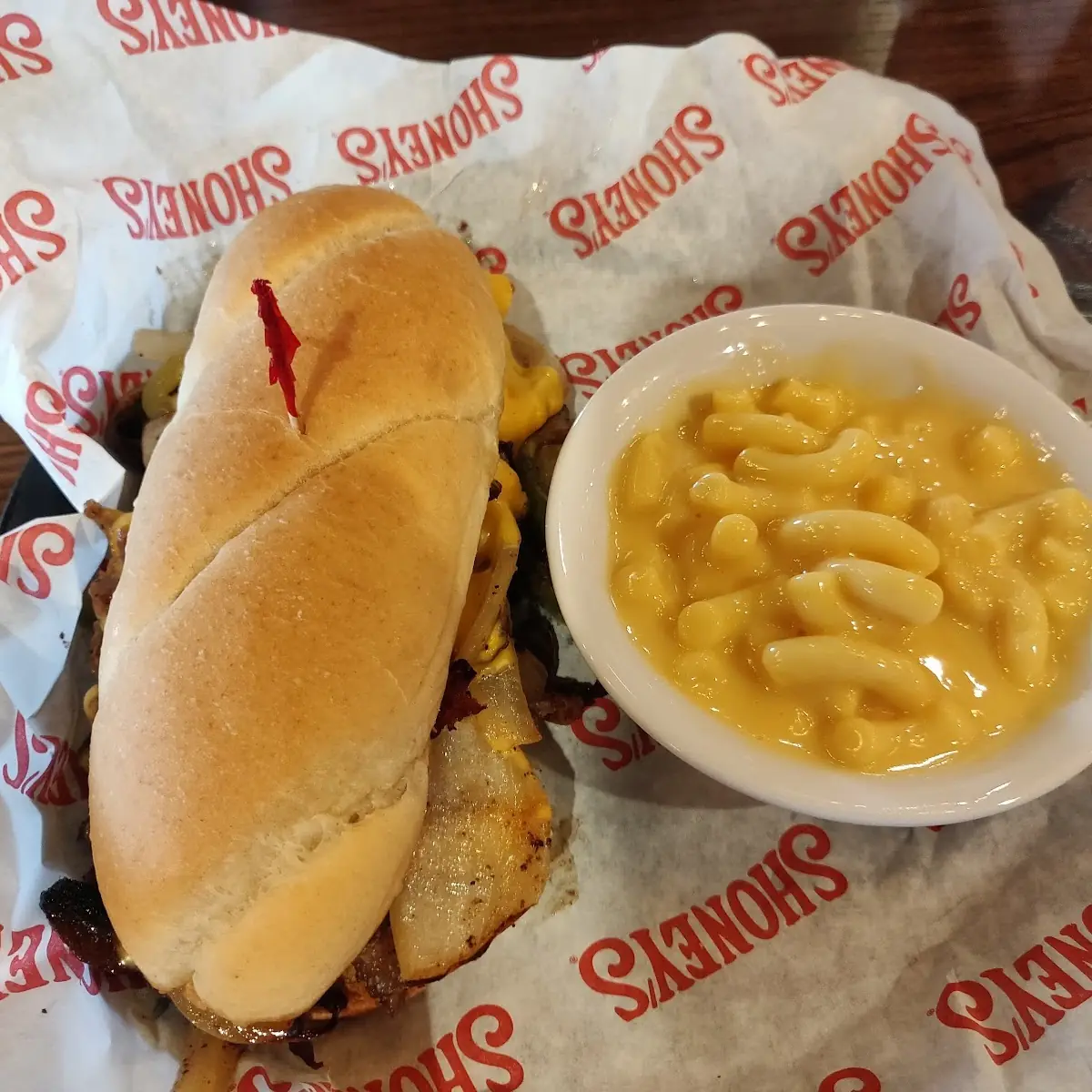 Philly Cheese Steak Sandwich and Macaroni and Cheese