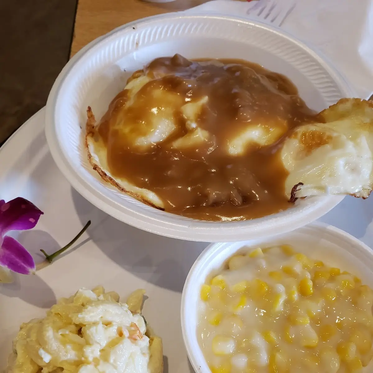 Loco Moco with Coconut Cream Corn and Macaroni Salad