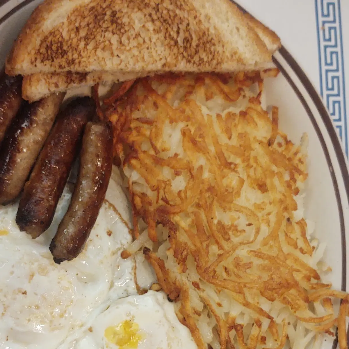 Eggs Hash Browns Sausage Links White Toast