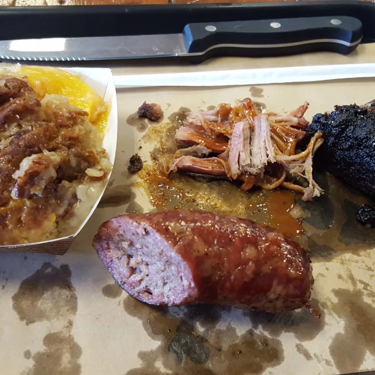 Beef Brisket Hot Links Peach Cobbler