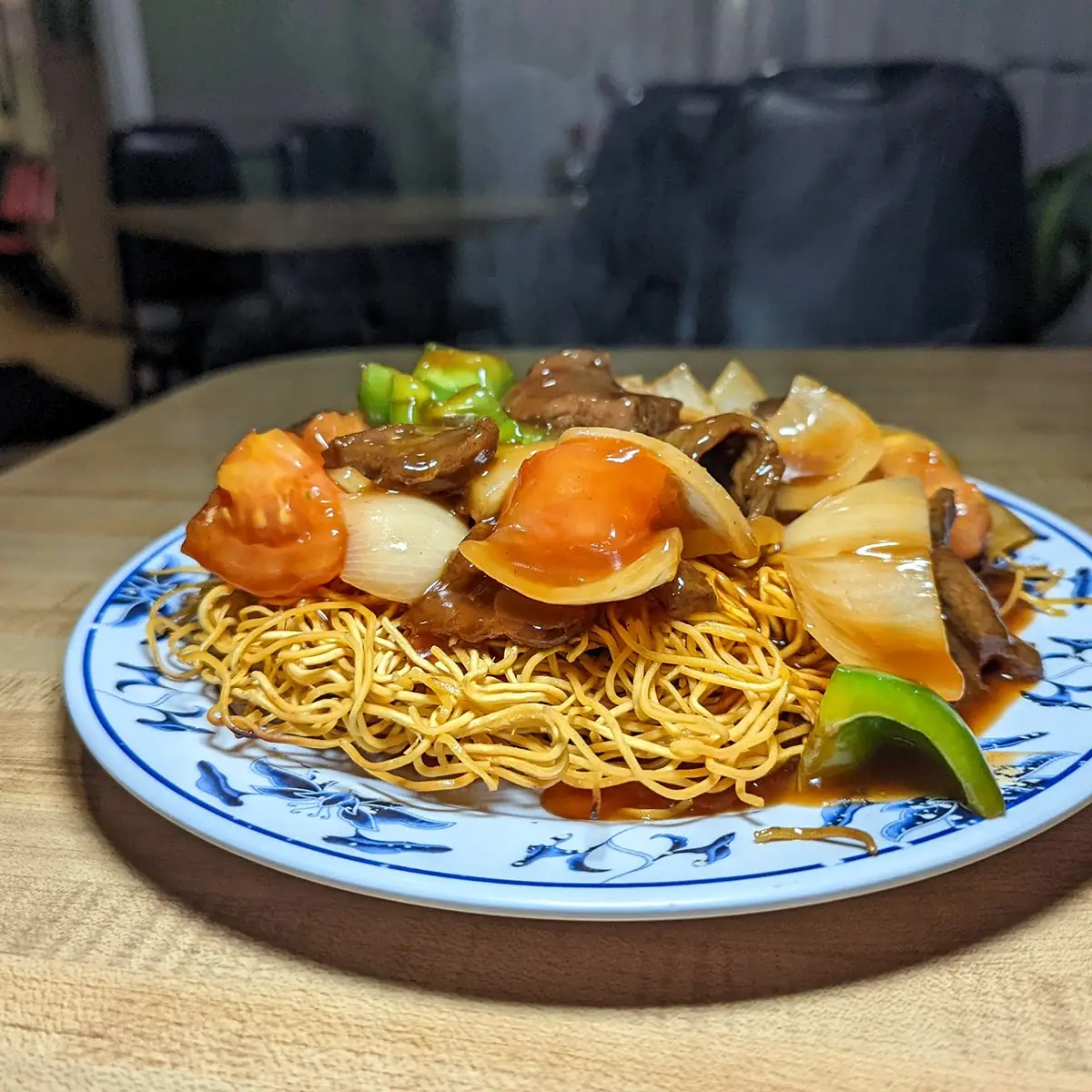 Tomato Beef Pan Fried Crispy Noodles