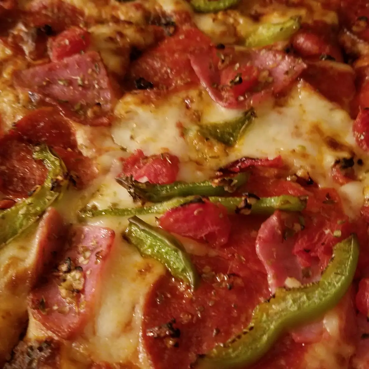 Thin Crust Extra Sauce Ham Pepperoni Diced Tomatoes Green Peppers