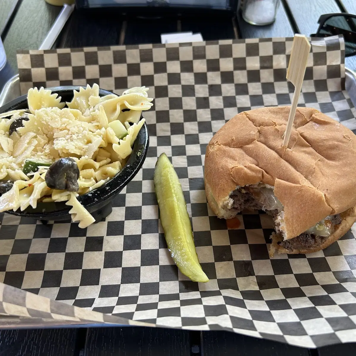 Fire on the Mountain Burger and Pasta Salad