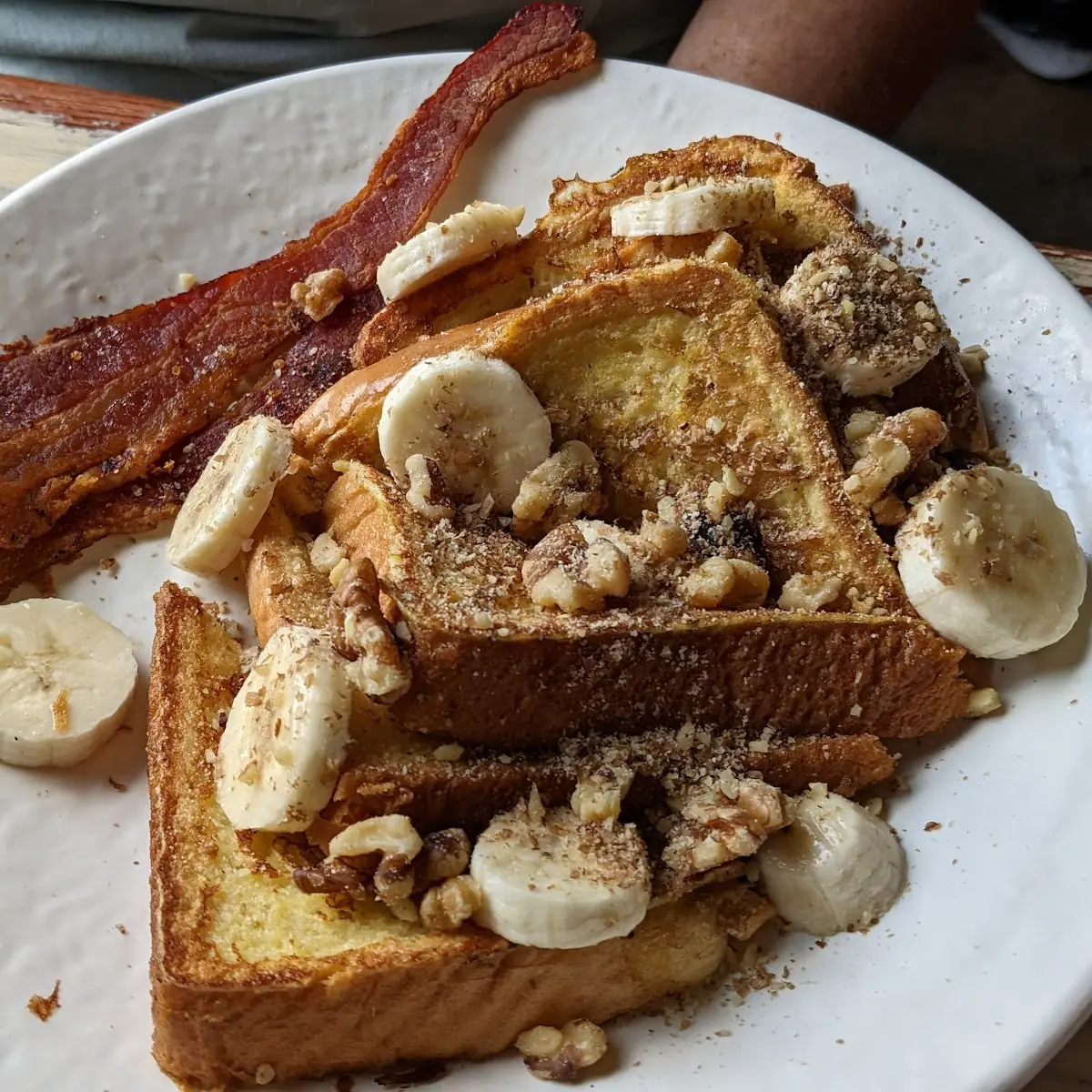 Banana Walnut French Toast with Crispy Bacon