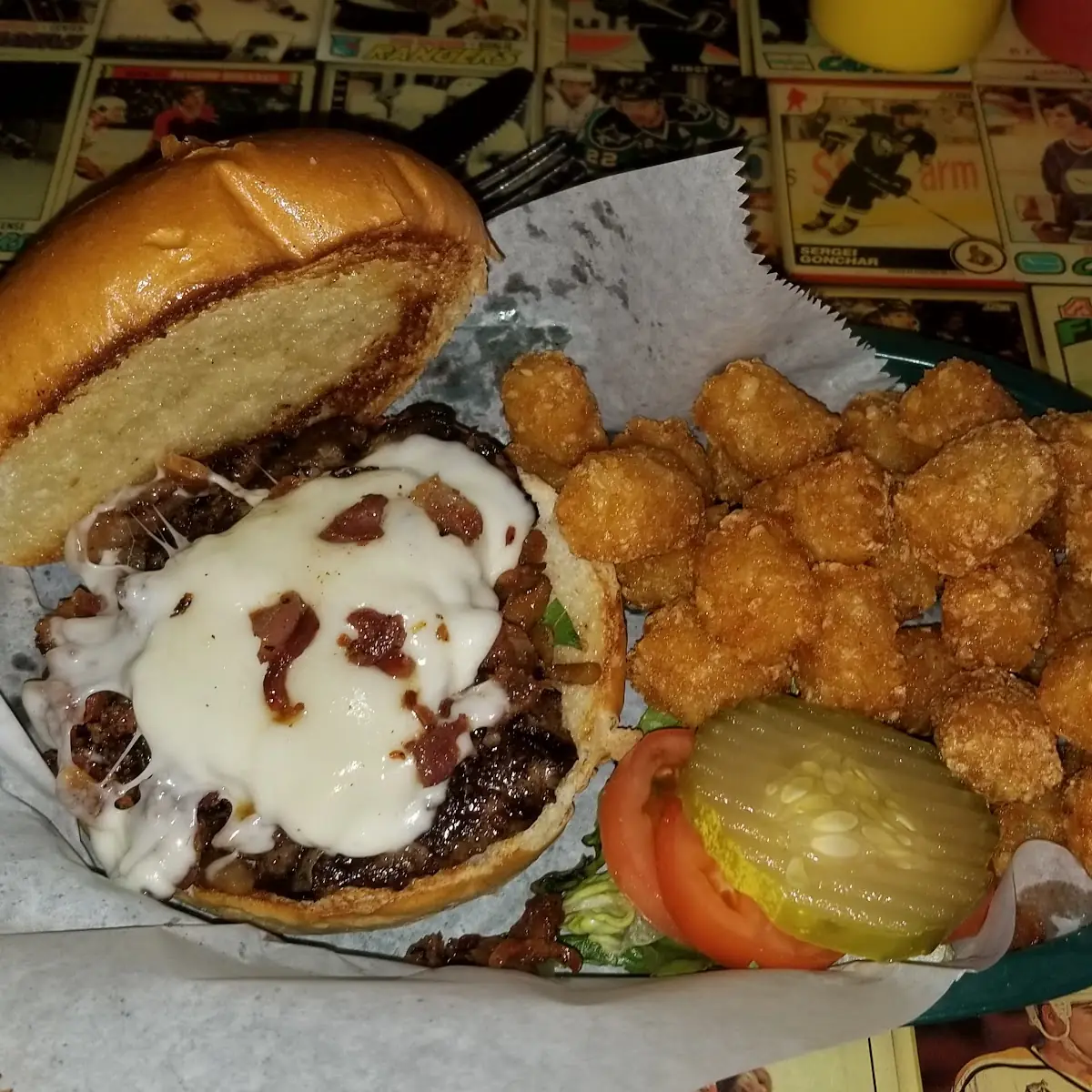 Bacon Mozzarella Cheese Burger with Tots