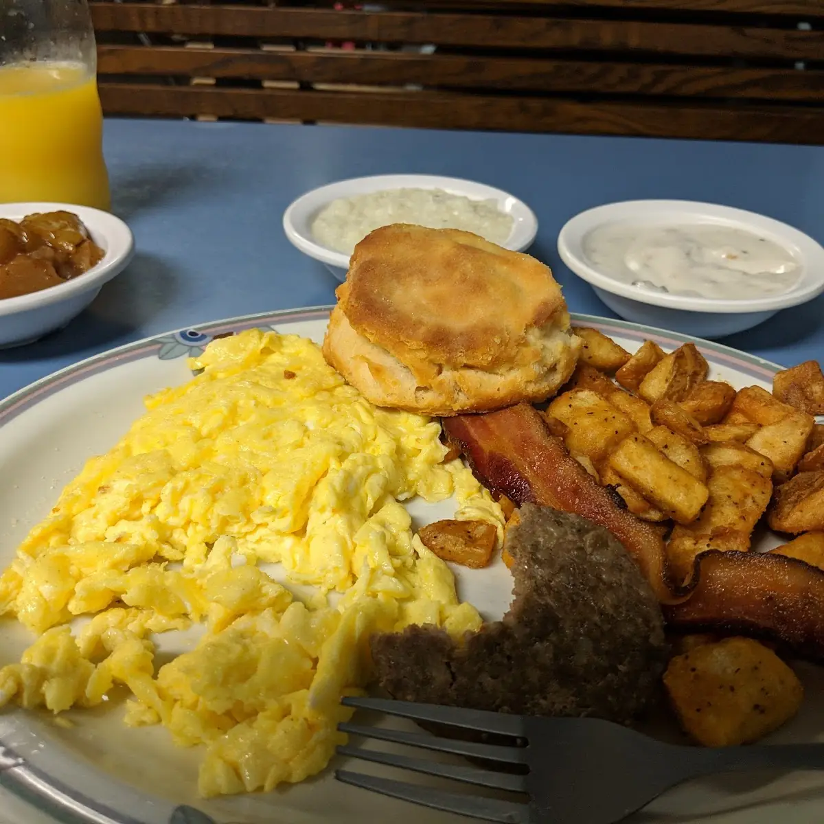 Two Eggs with Two Pancakes and Bacon Sausage