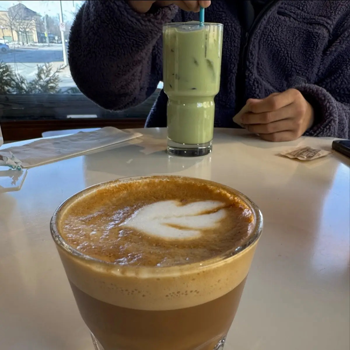 Cortado and Iced Matcha Latte