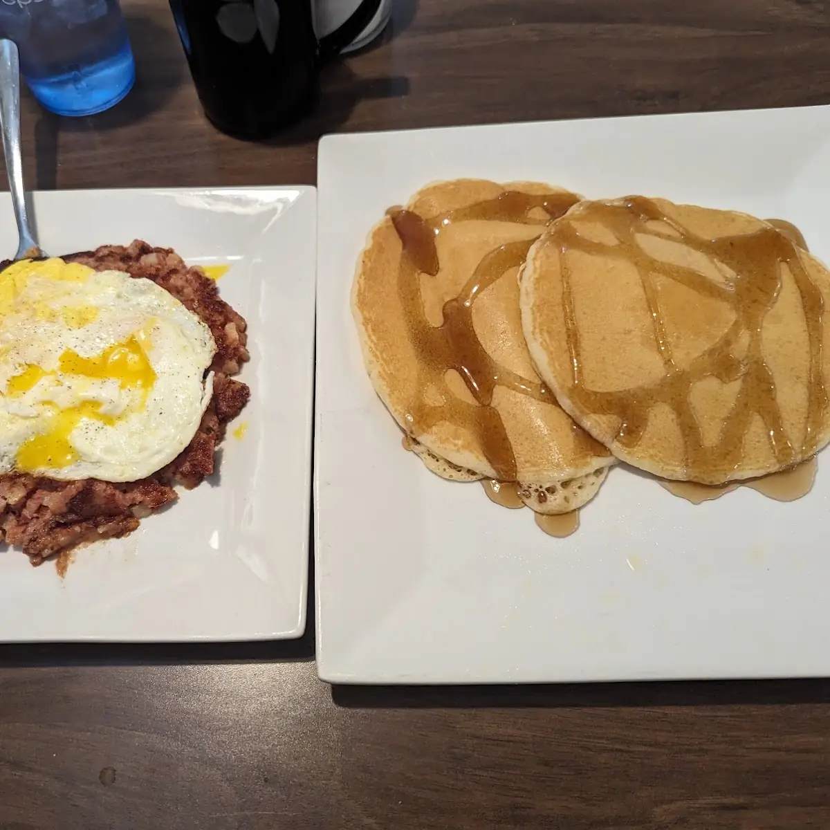 Corned Beef Hash with Eggs and Pancakes