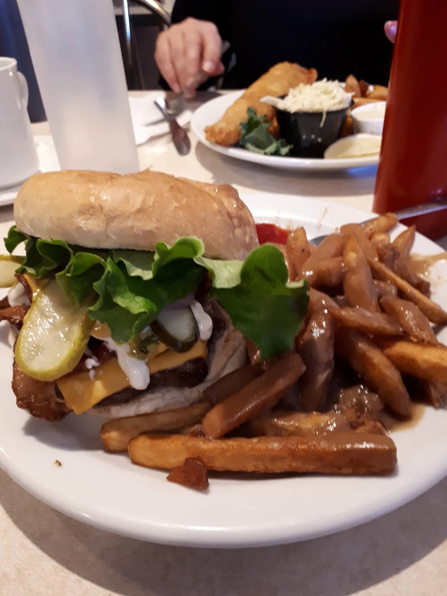 Bacon Cheese Burger and Fries with Gravy, Sunflower Cafe