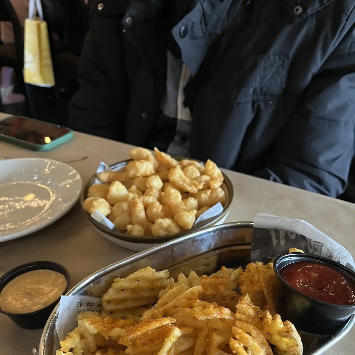 Pop Corn Shrimp and Waffle Fries