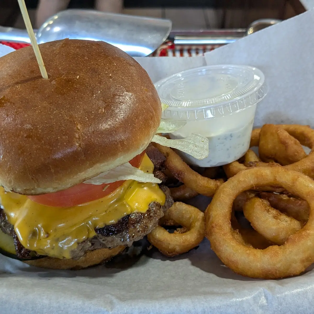 Bacon Cheese Burger and Onion Rings