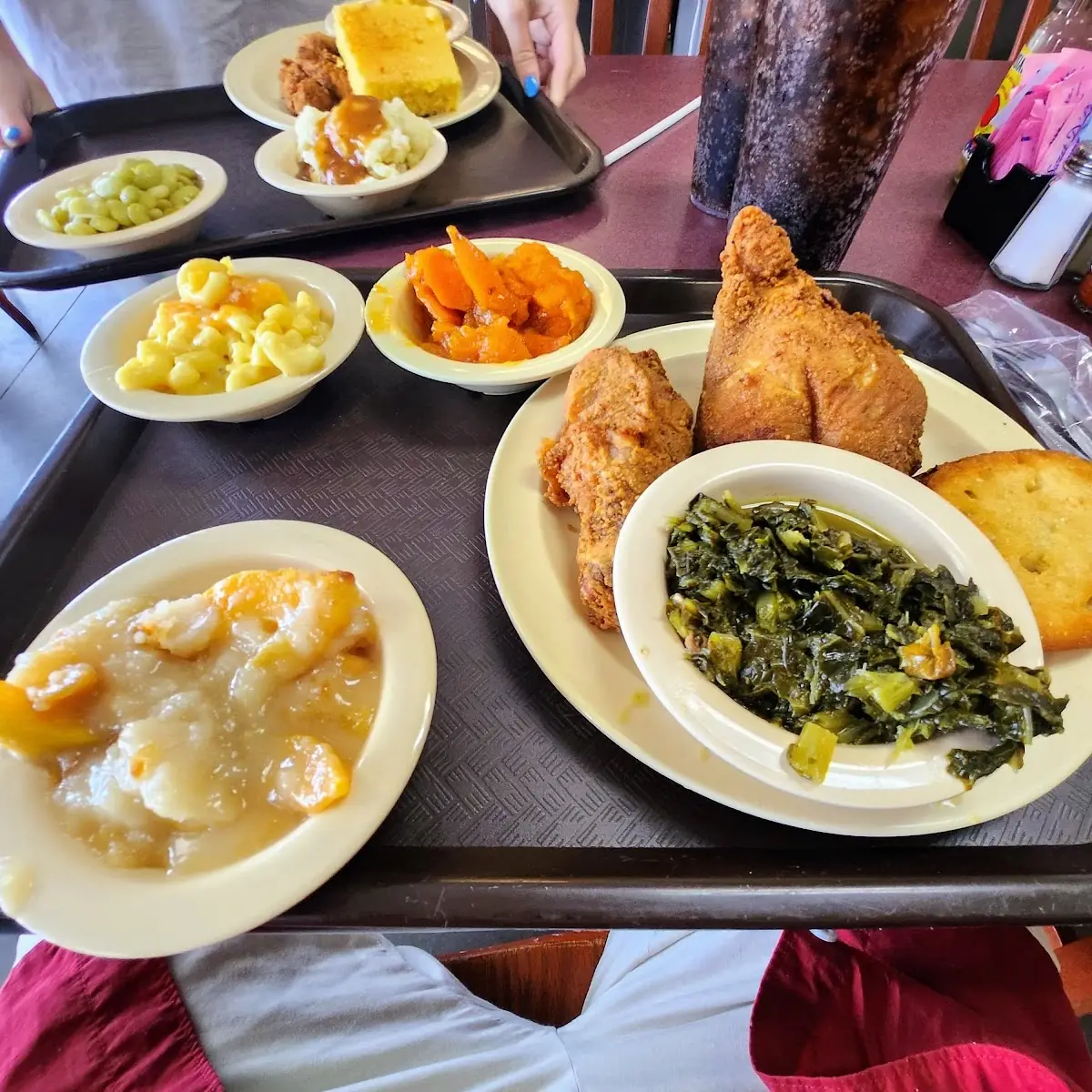 Fried Chicken Mac and Cheese Greens Fried Cornbread Peach Cobbler