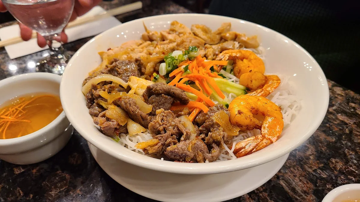 Vermicelli Topped with Charbroiled Shrimp Sausage, Quynh Vietnamese Cuisine