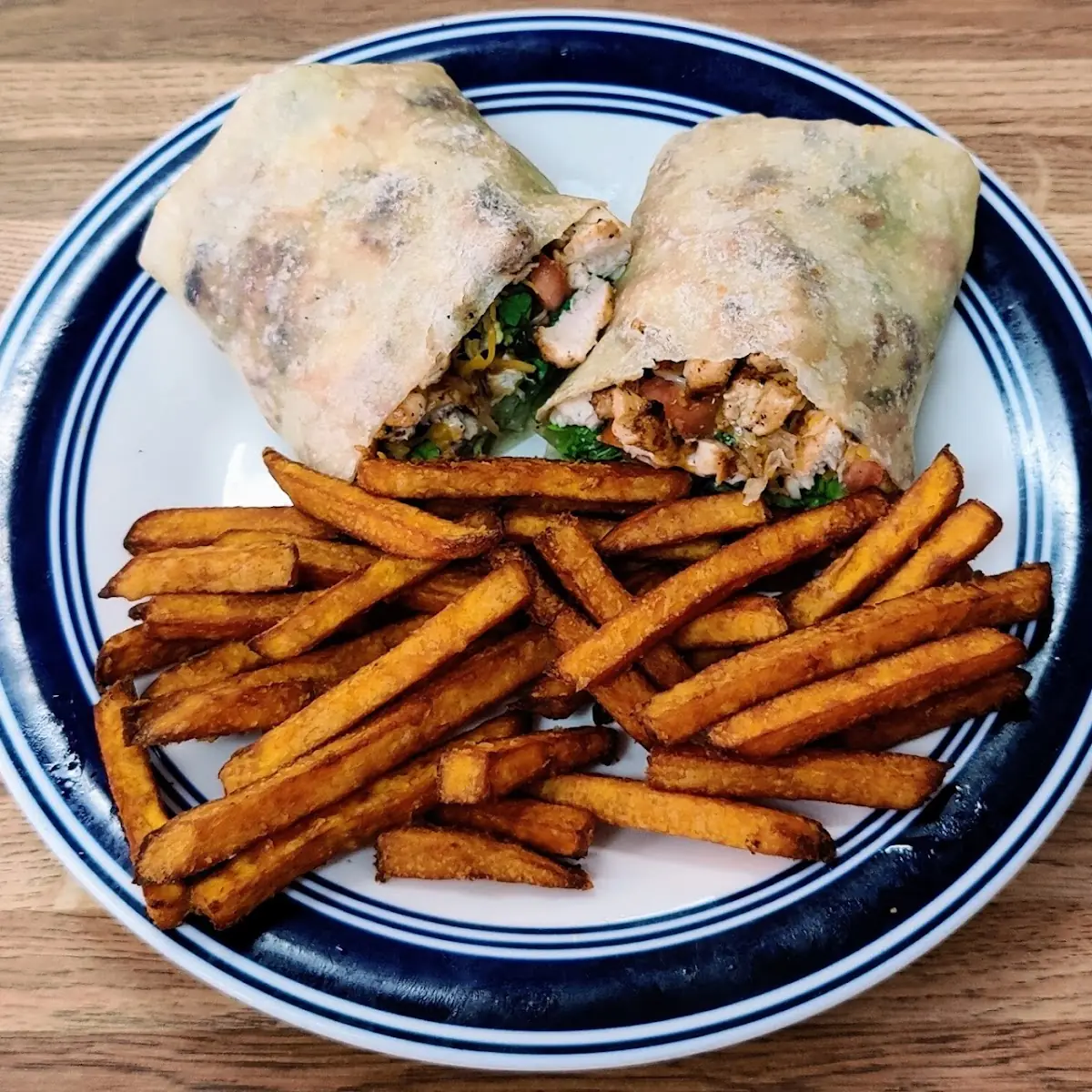 Chicken Wrap and Sweet Potato Fries
