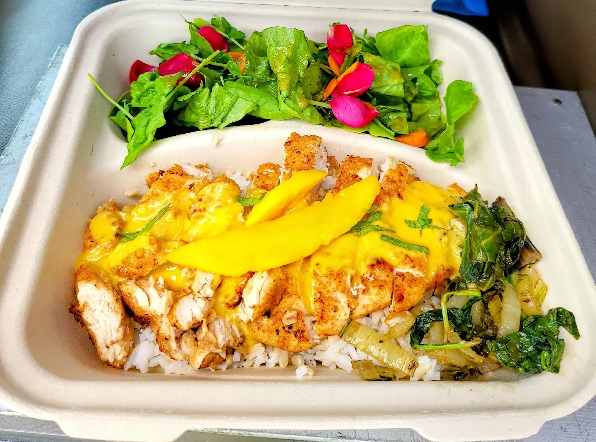 Pan Fried Jidori Chicken with Mango Cream Savce with Rice and Tossed Salad Dressing