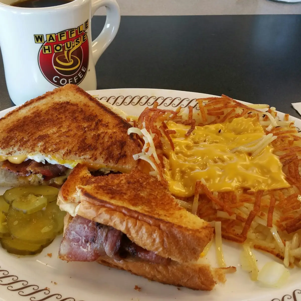 Texas Toast Egg Bacon Cheese Sandwich with Hash Browns