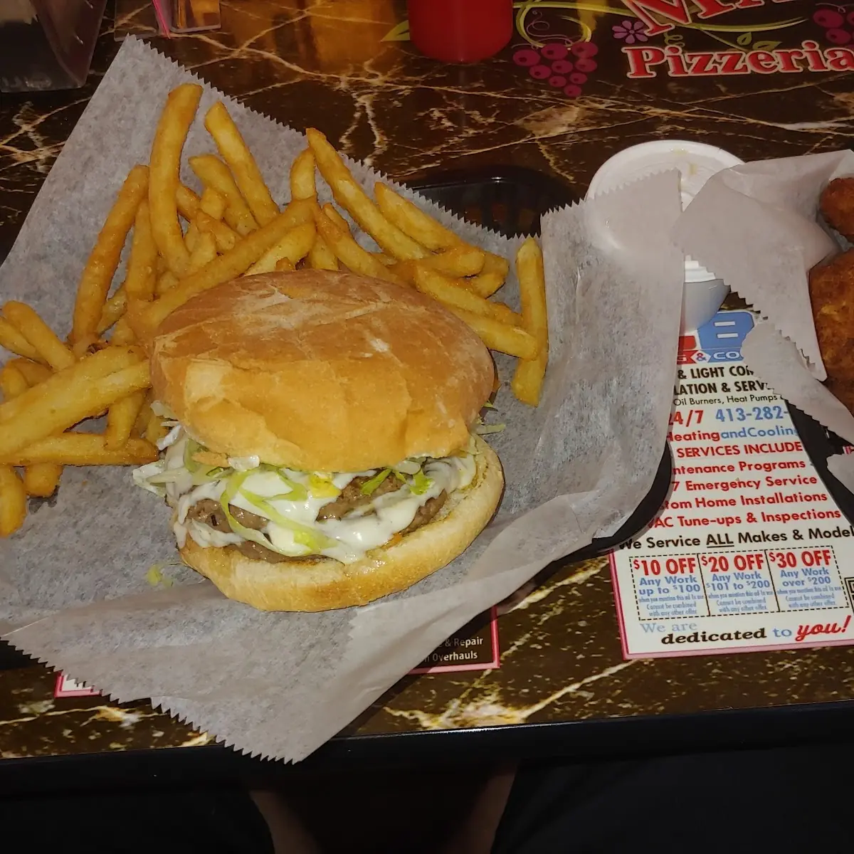 Double Cheeseburger with Fries and Broccoli Cheddar Bites