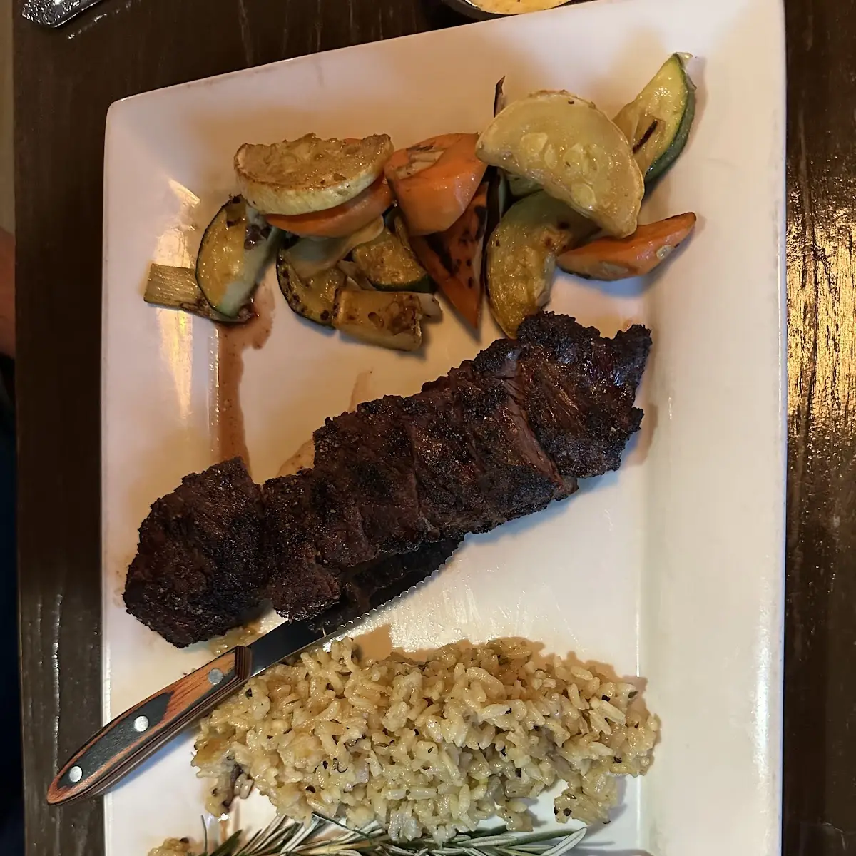Grilled Steak Medallions with Roasted Vegetables and Rice