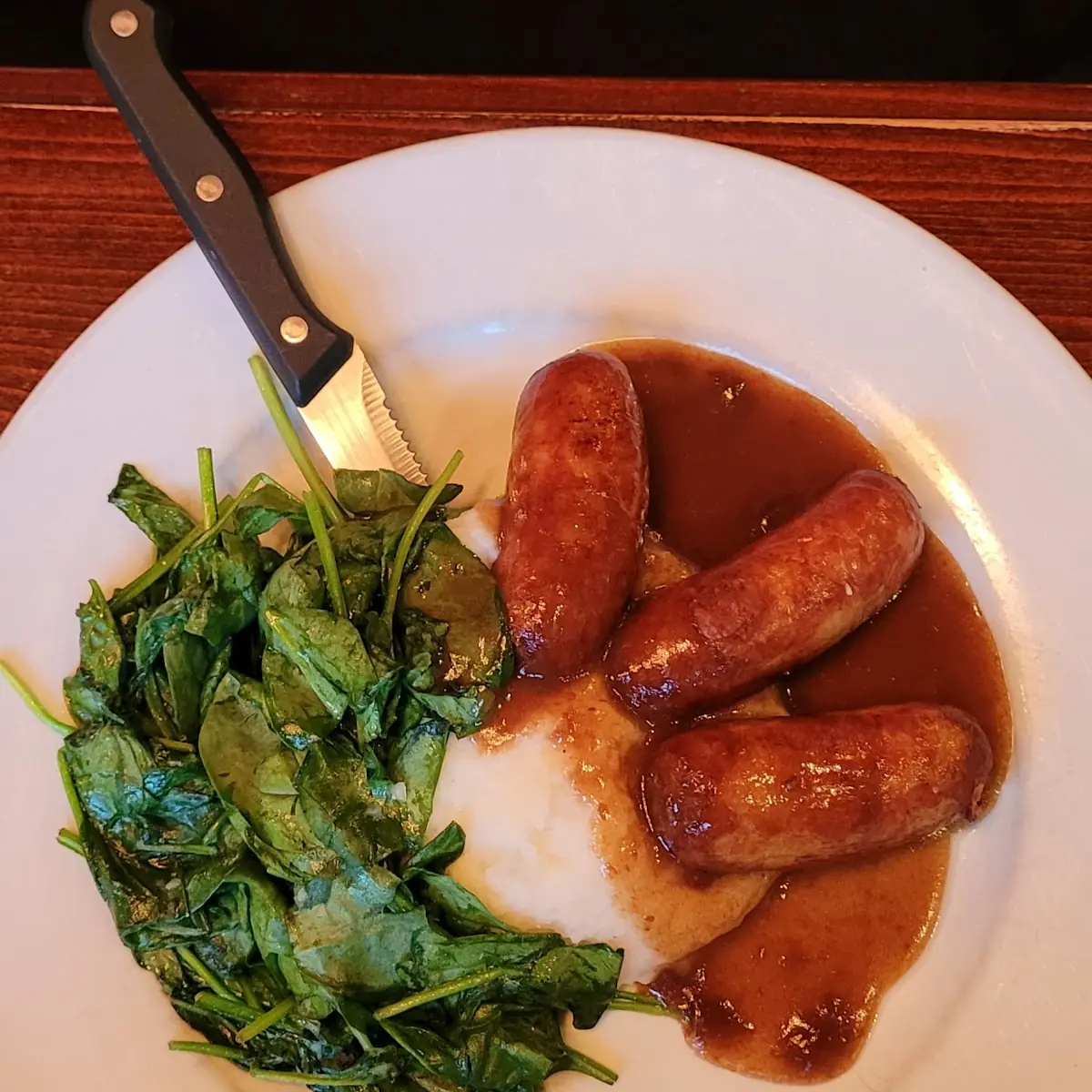 Bangers & Mash with Sauteed Spinach