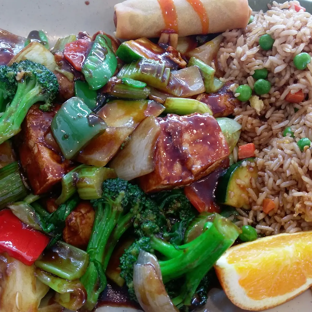 Combo Tofu Veggie with Fried Rice w Spring Roll