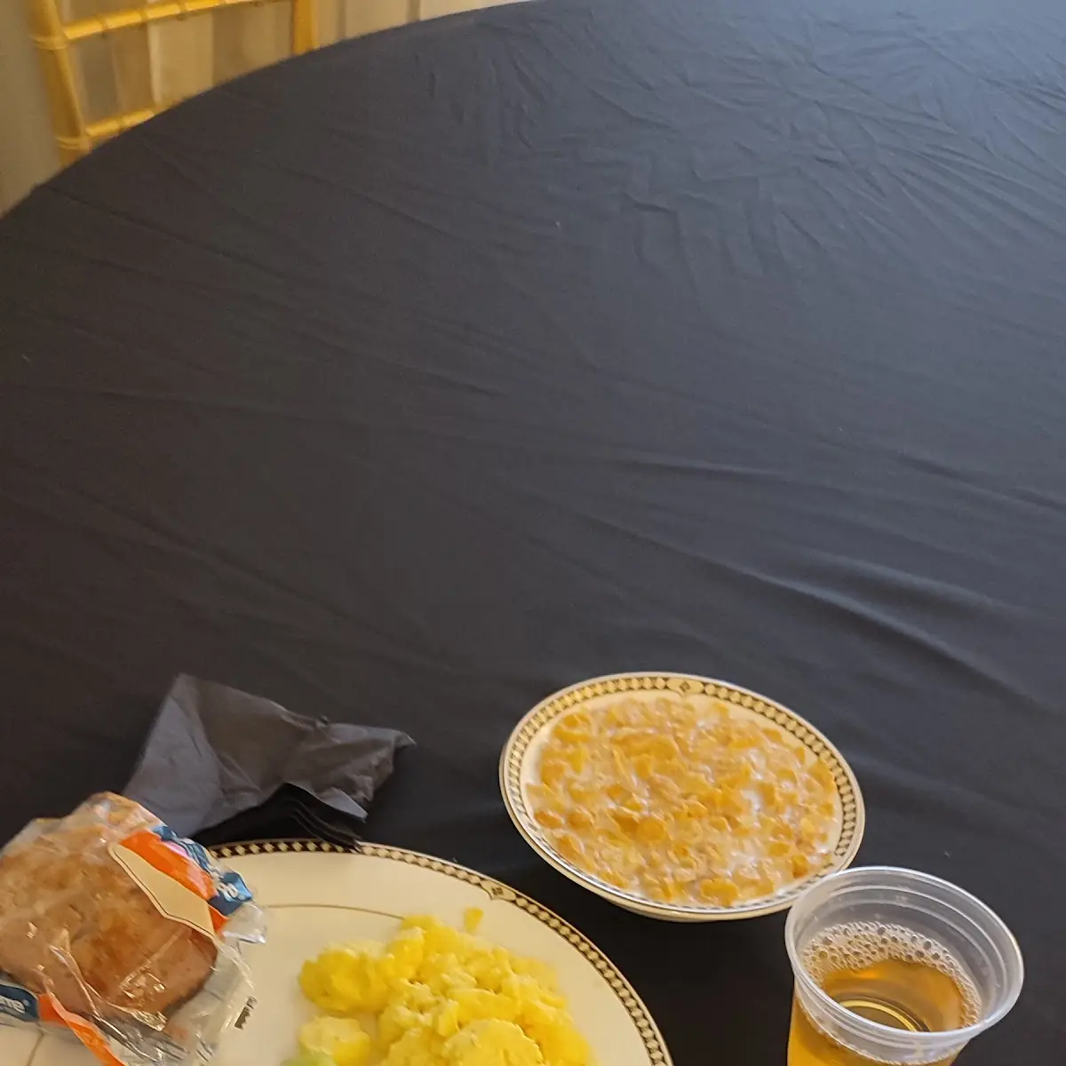 Breakfast Off Scrambled Egg Apple Juice Bread Slice and Cornflakes