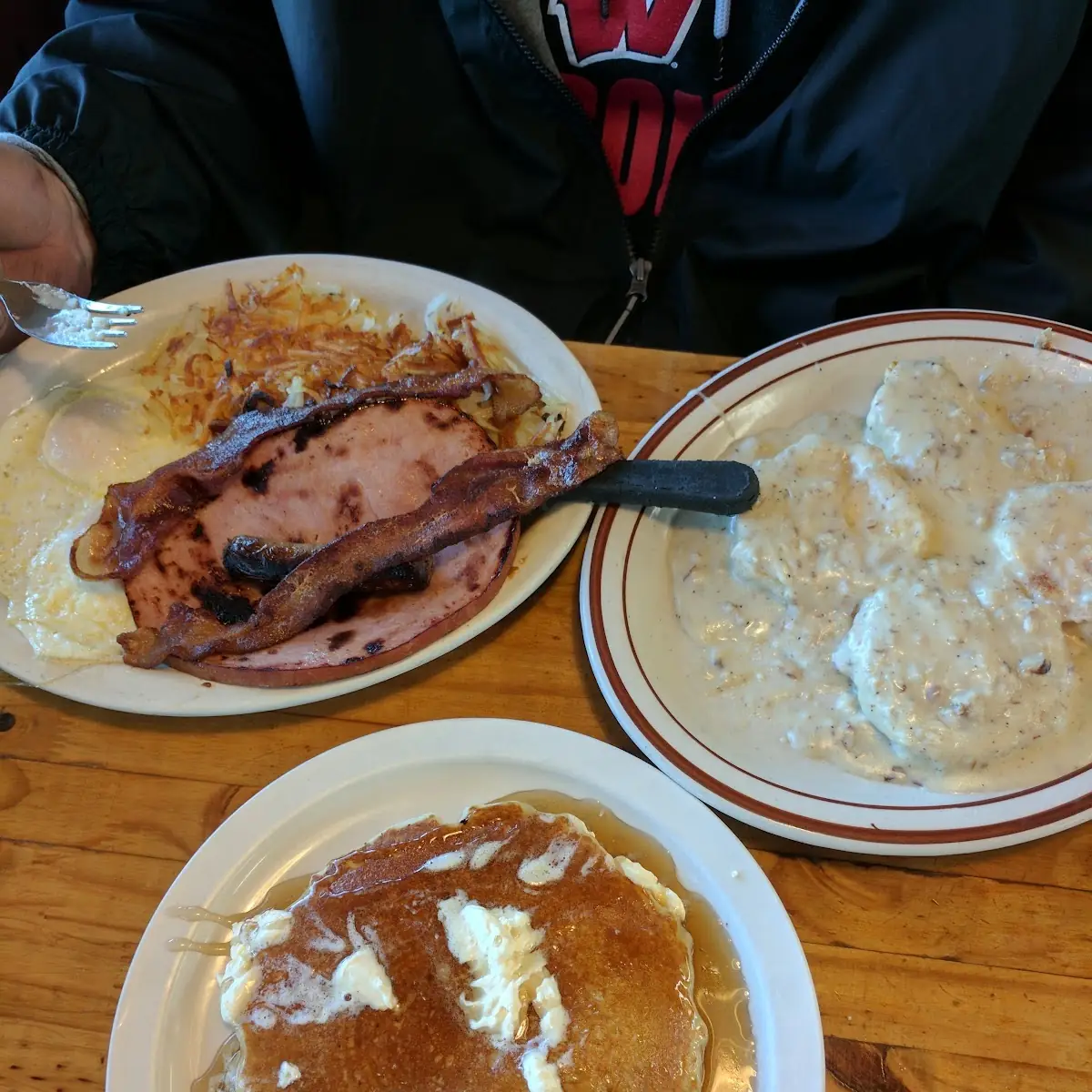 Ham & Eggs w Buttermilk Pancakes Biscuits & Gravy