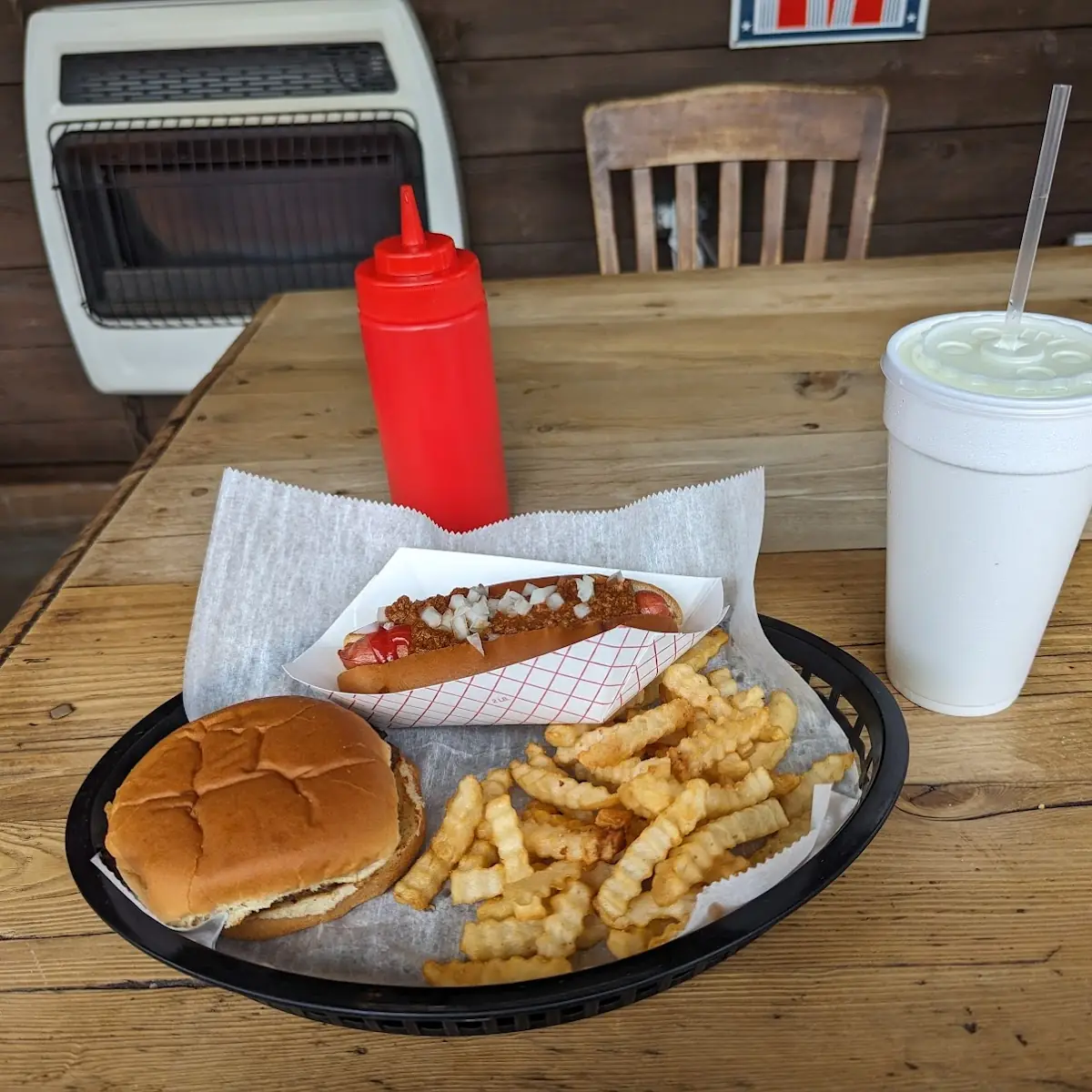 Plain Cheese Burger Chilli Dog and Fries