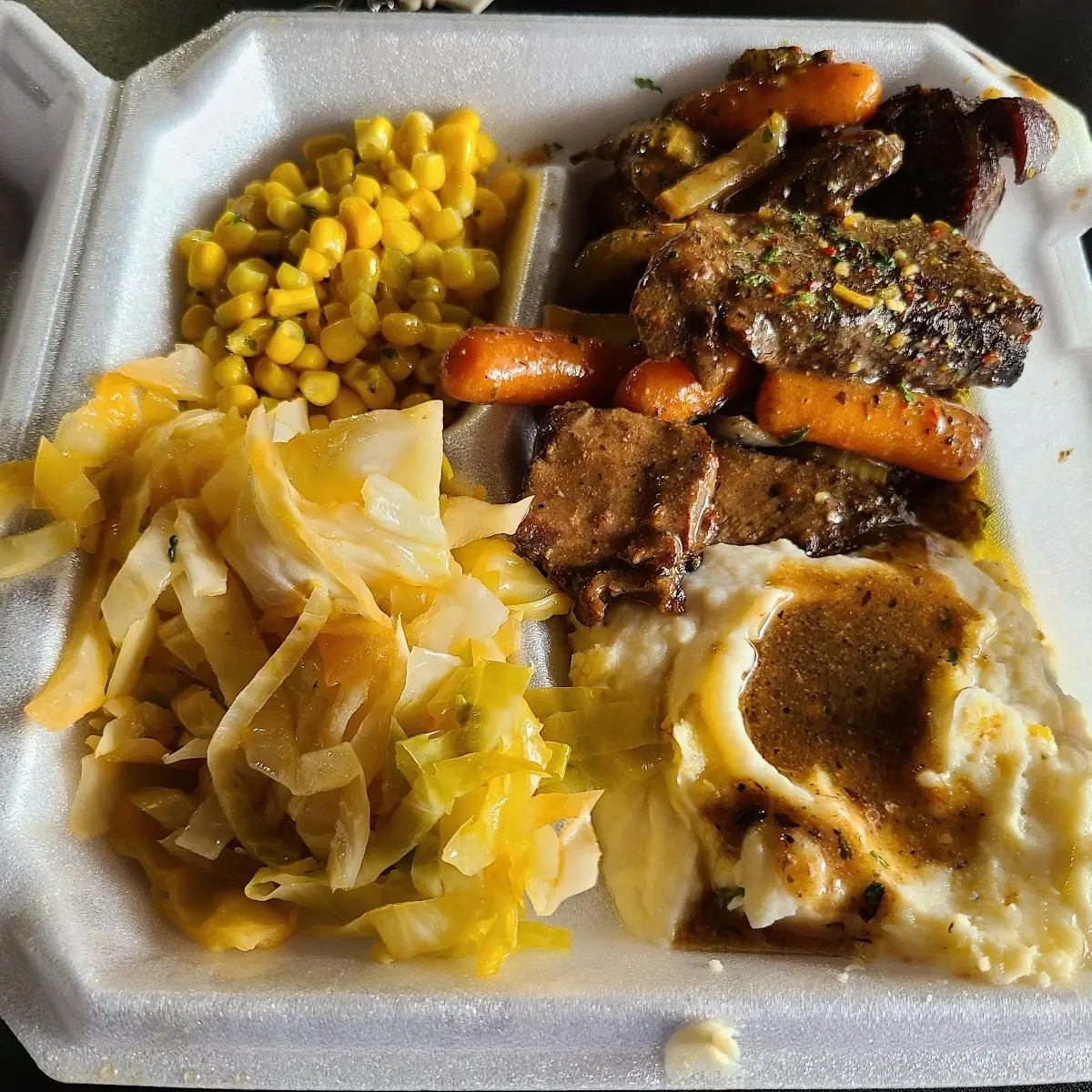 Pot Roast Mashed Potatoes Cabbage and Corn