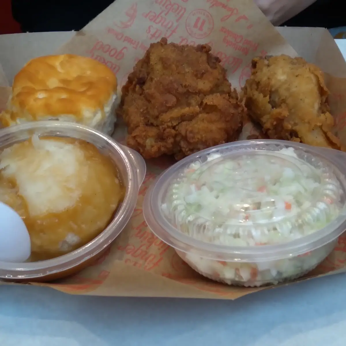 Chicken Biscuits Mashed Potatoes and Gravy Coleslaw