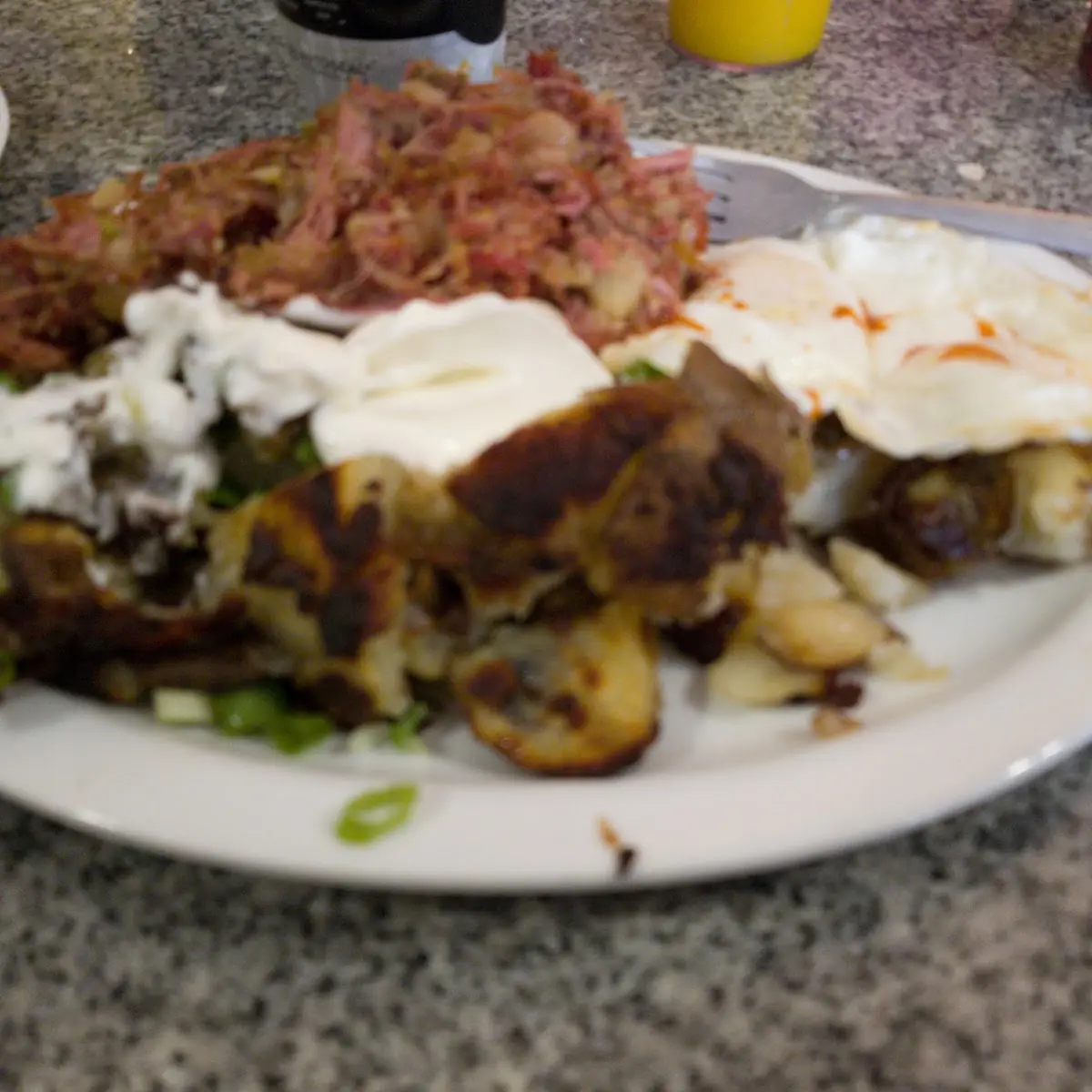 Fresh Corned Beef Hash and Eggs with Potatoes and Busicut