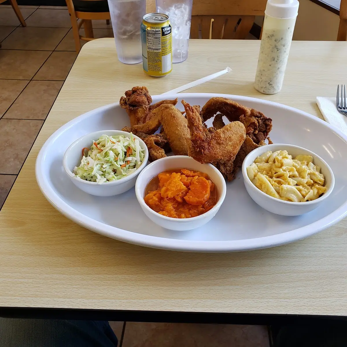 Fried Chicken Mac N Cheese Yams and Coleslaw