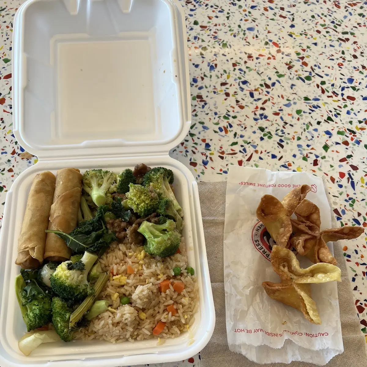 Spring Rolls Broccoli and Cabbage Fried Rice and Crab Rangoon