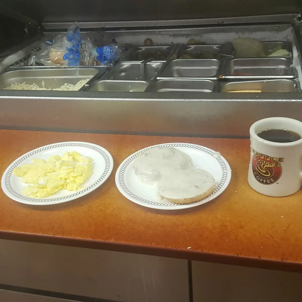 Coffee Biscuits Gravy and Two Eggs