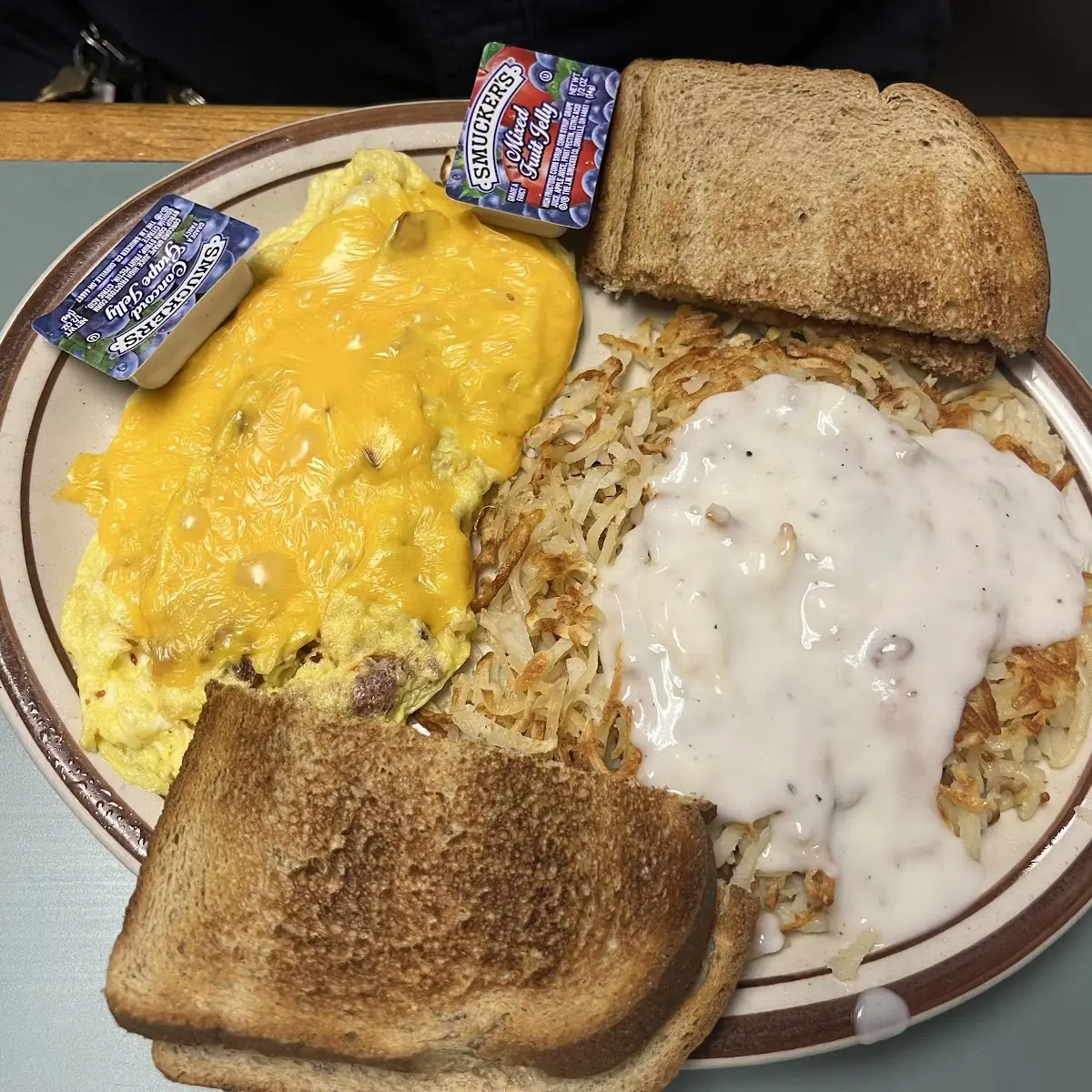 Meat Omelette and Hash-Browns with Gravy