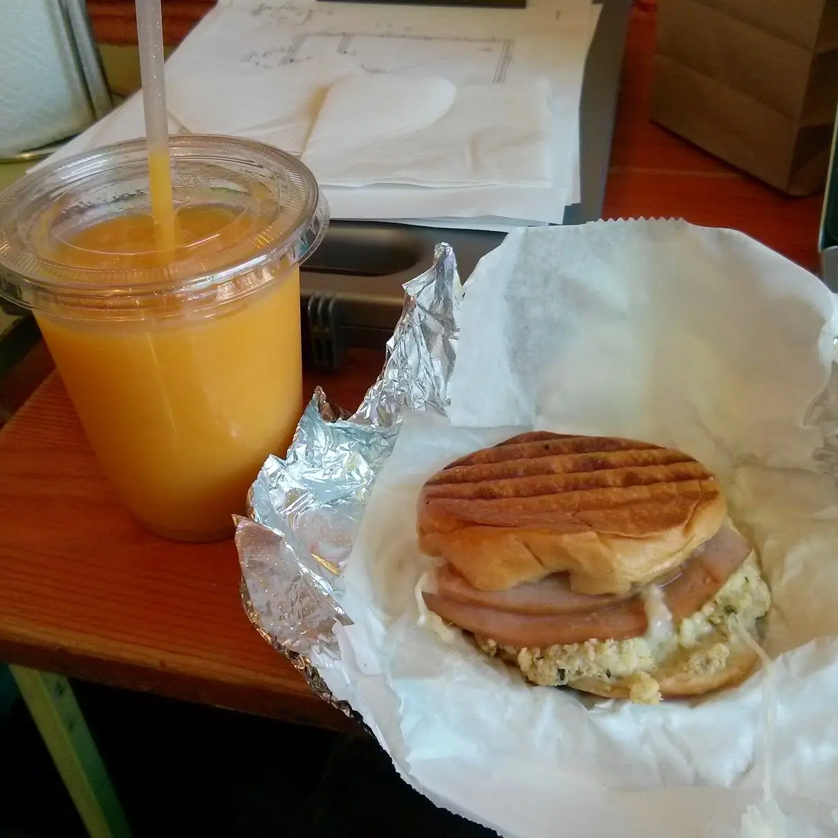 Mango Juice and Breakfast Sandwich