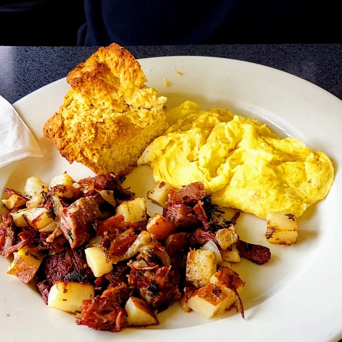 Corned Beef Hash and Eggs w Biscuit