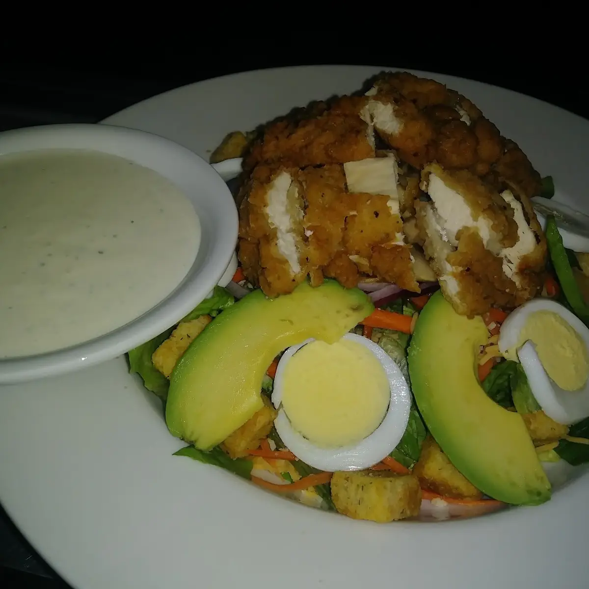 Crispy Chicken Egg Avocado Mushrooms and Ranch Salad