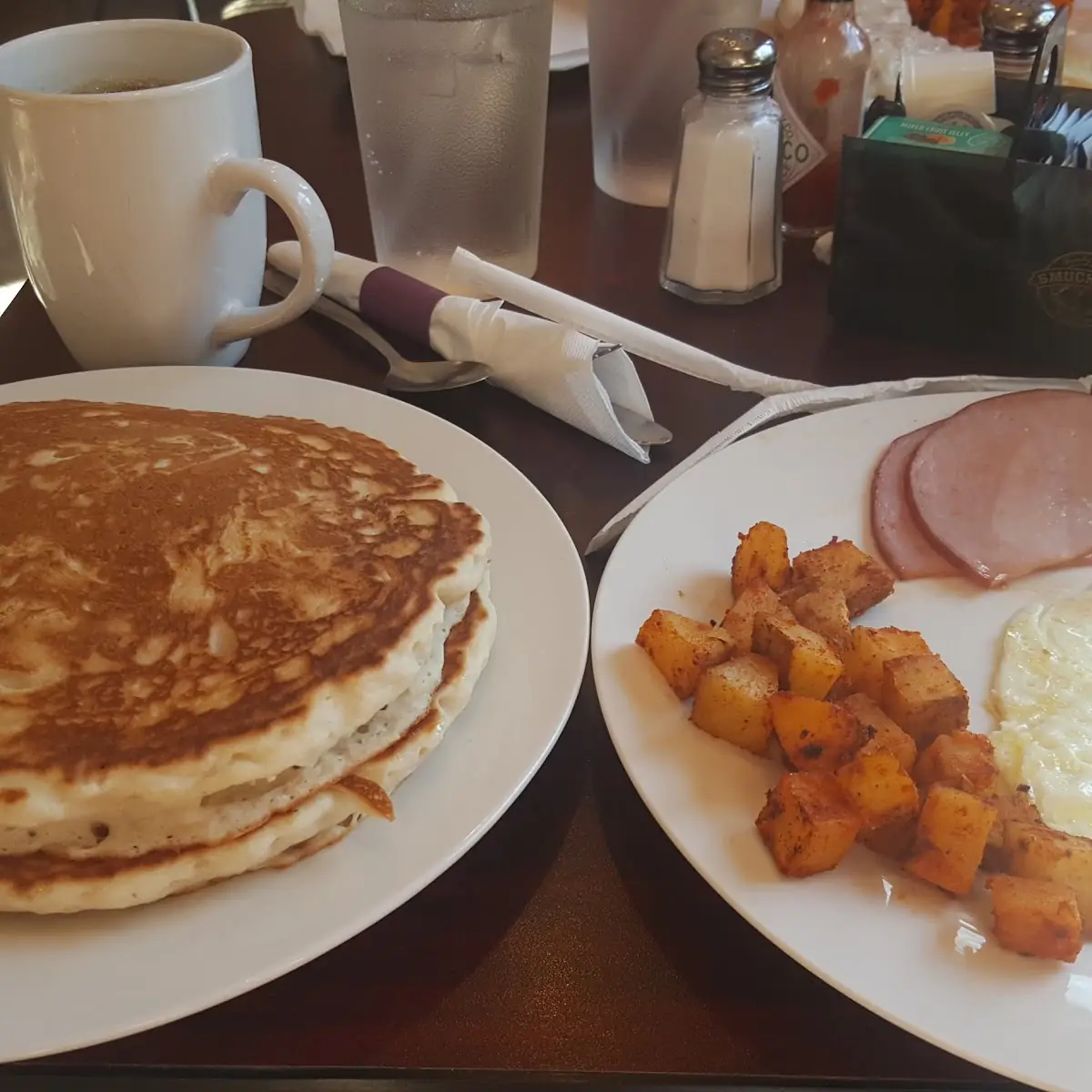 Eggs Sausage Potatoes and Pancakes